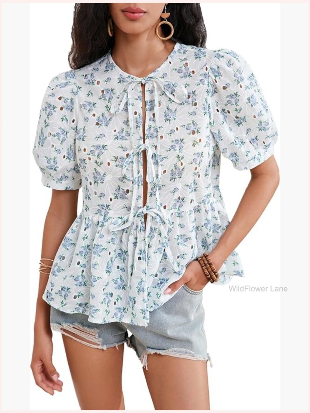 Floral Print Bow Tie Front Blouse Puff Short Sleeve Peplum Babydoll
